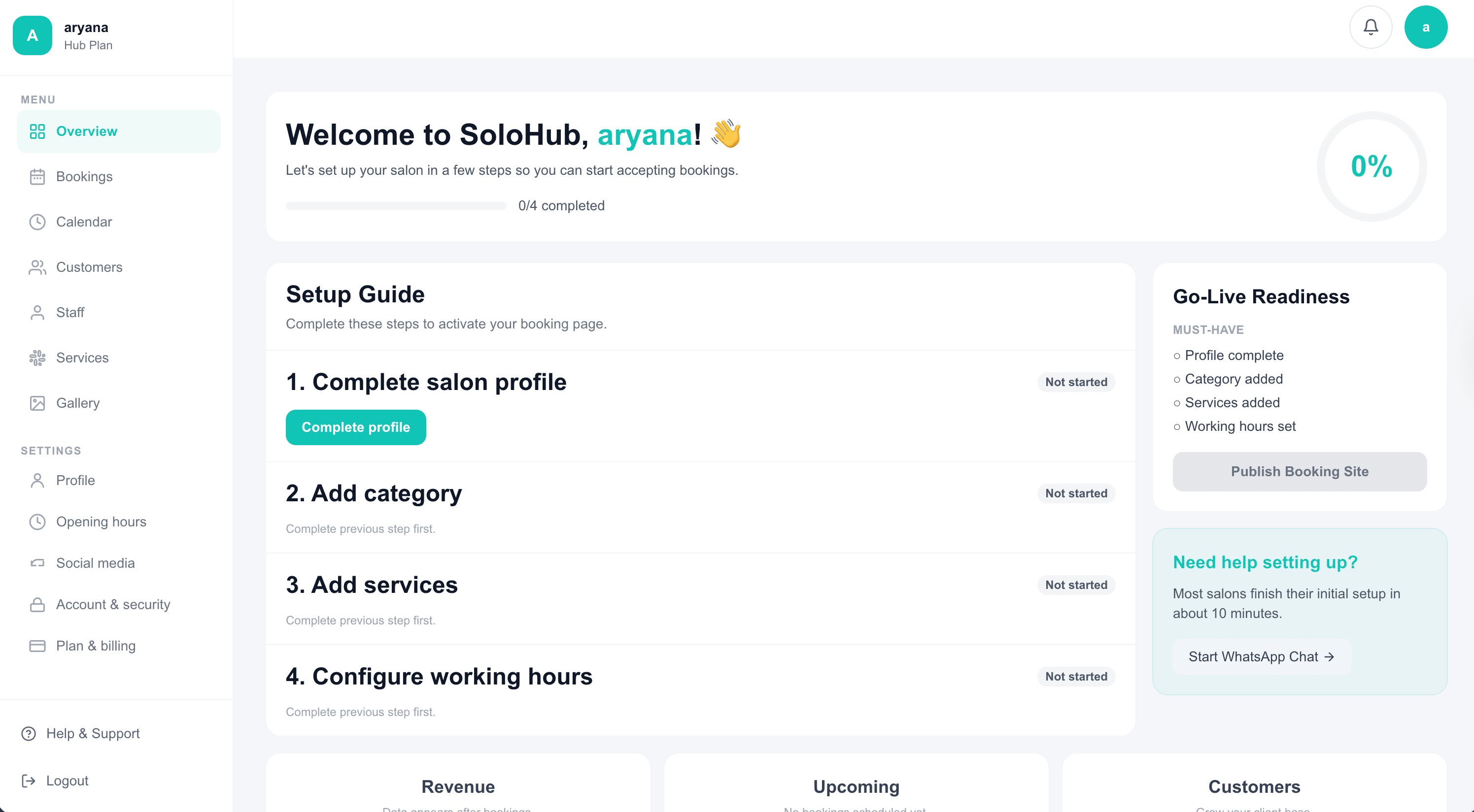 SoloHub dashboard showing bookings, revenue and client overview